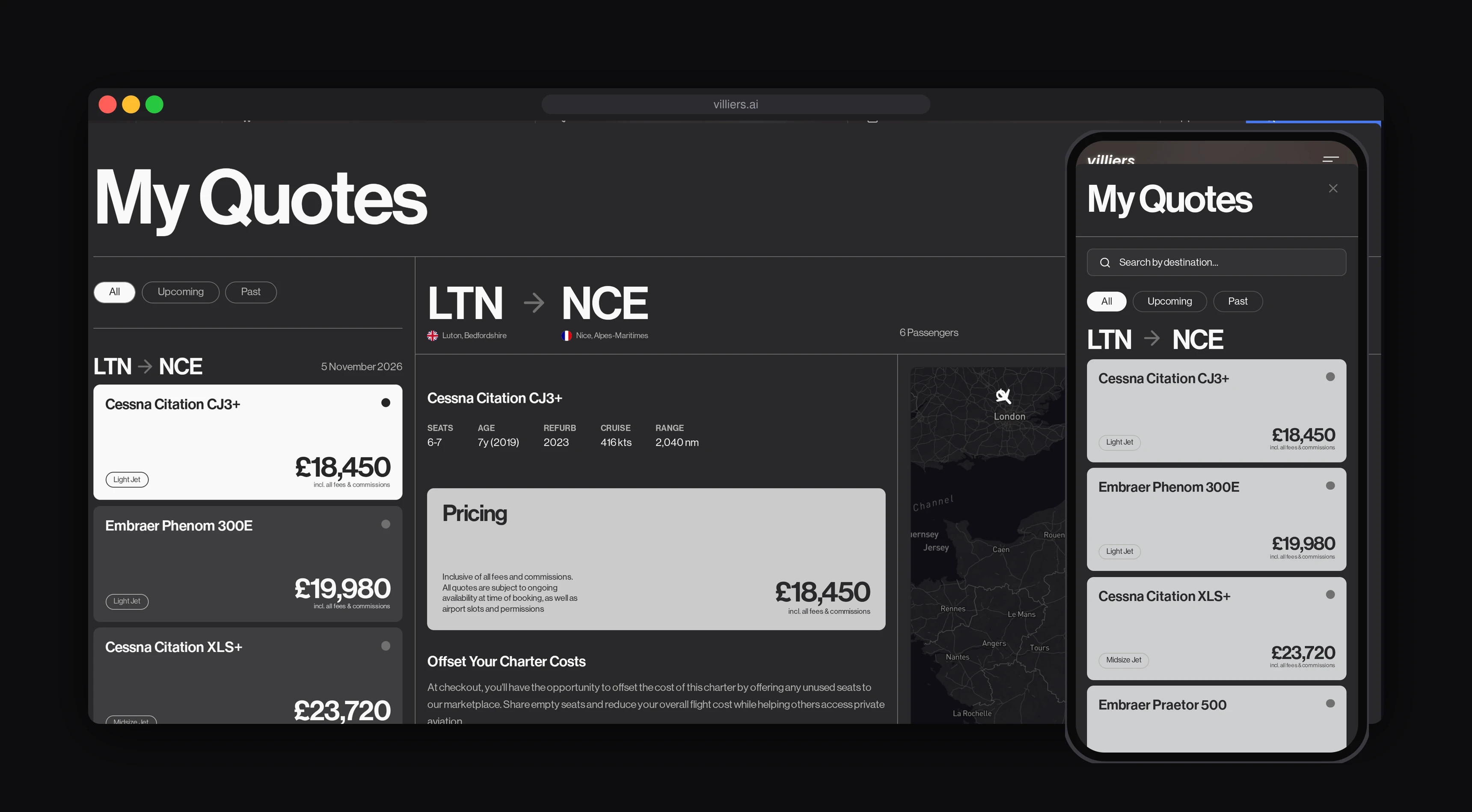 villiersOS My Quotes dashboard — full-stack charter management interface