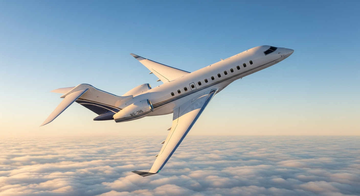 Adare Manor private jet arrival, Bombardier Global 7500 above the clouds