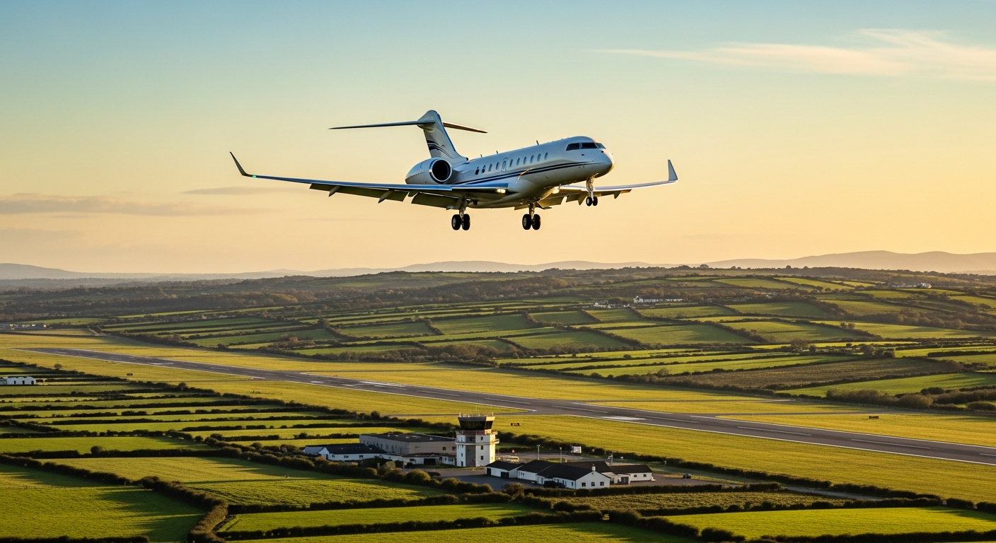 Private jet on final approach into an Irish regional airport at golden hour
